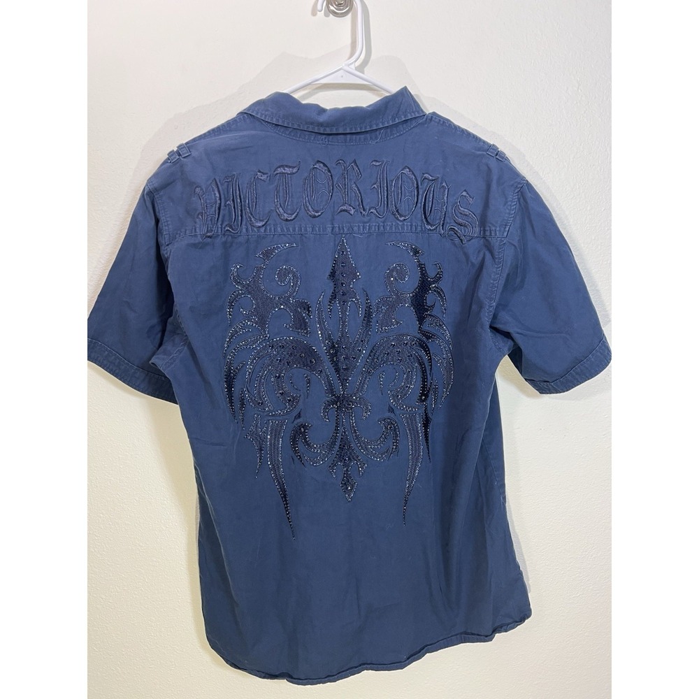 Y2K Victorious Men's Blue Cotton Button Up Shirt Embroidered XL Rhinestone